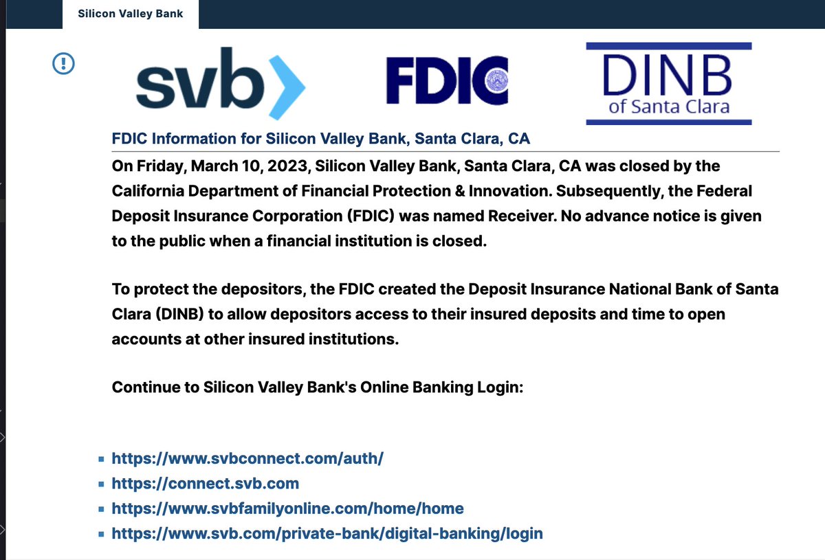 RKundiger's tweet photo. @DeadProxy Untrue or at least very inaccurate.  Website resolves and shows it is taken over by FDIC and has links to banking pages which are 'under maintenance' right now :( but indicates will be available by Monday.  I don't know/care about social accts. https://t.co/Z6DyrEtsHx