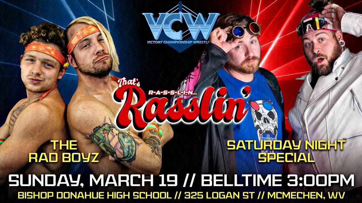 VCWrestling22's tweet photo. After putting down Mount Kilpiss for good, Saturday Night Special are looking to continue their undefeated streak in VCW.  Which team will come out on top as the clear leader of the Tag Team Division?  Find out on March 19th at McMechen, WV! https://t.co/71T5u9vwWI