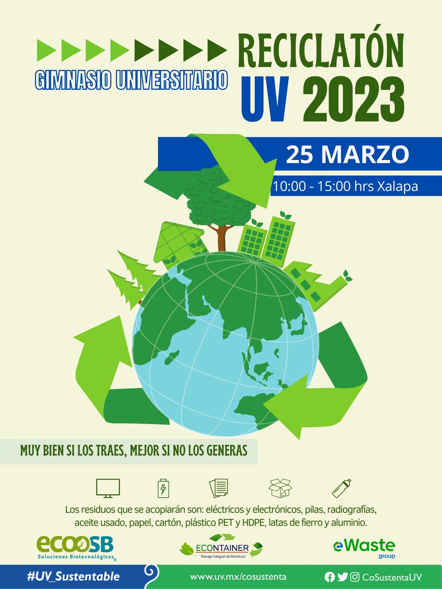 CoSustenta's tweet photo. Prepárate
♻️Reciclatón Universitario 2023♻️
���️25 de marzo
⏰10am a 3pm
📍Gimnasio Universitario
♻️Muy bien si los traes, mejor si no los generas 😉
#UV_Sustentable #Xalapa #PorUnaTransformaciónIntegral #ReciclatónUV #ReciclatónUniversitario https://t.co/pwppqEY5fq