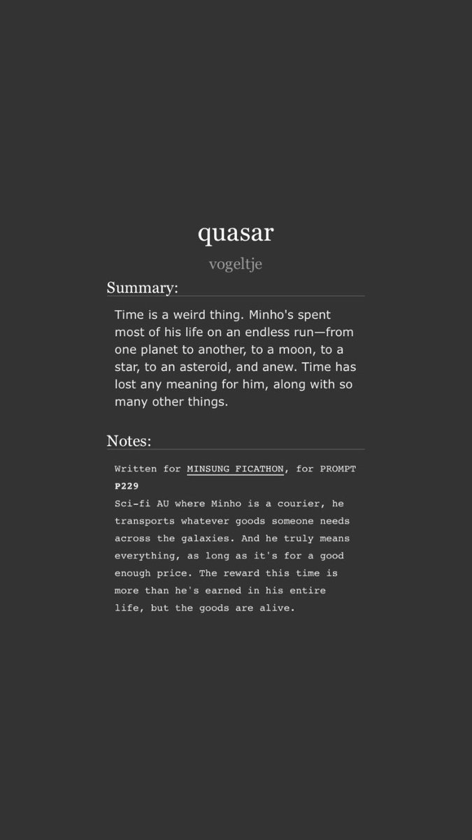 varemm's tweet photo. quasar

science fiction, slow burn, ambiguous morals, touch deprived minho, a lot of metaphors about space and time. 

written for @minsungficathon 
beta @hanmings 

🔗 below https://t.co/Ra6Fzw3zCq