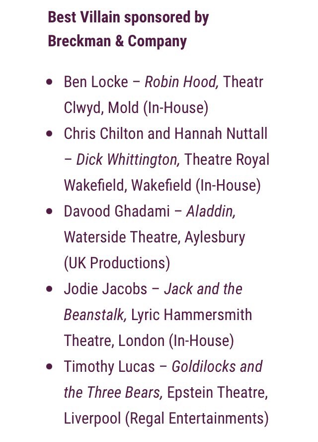 A HUGE a congratulations to our fab client BEN LOCKE (<a href="/BenLockeActor/">Ben Locke</a>) for his <a href="/GBPantoAwards/">The Great British Pantomime Awards</a> nomination as Best Villain, for his role in @Christian2178 2022 panto ‘Robin Hood’  at Theatr Clwyd (<a href="/ClwydTweets/">Theatr Clwyd</a>). Directed by <a href="/tamaracharvey/">Tamara Harvey</a> &amp; cast by <a href="/KayMagson/">Kay Magson</a> 
Congrats Ben! 🎉🎉💜💜