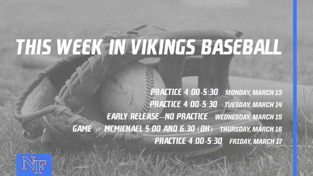 NoFo_Baseball's tweet photo. Vikings baseball returns this week with a doubleheader at McMichael High School on Thursday, March 16. First pitch 5:00. https://t.co/o6GopKTM2h