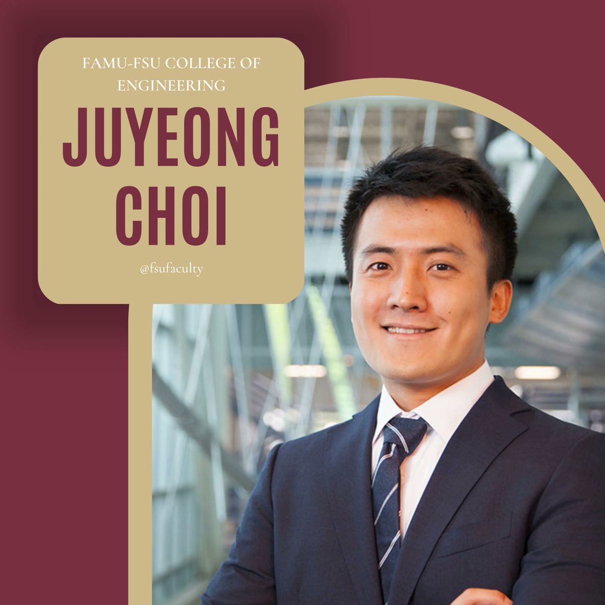 FSUFaculty's tweet photo. Juyeong Choi, an Assistant Professor in the Department of Civil and Environmental Engineering at @FAMUFSUCOE, will lead a $75,000 National Science Foundation-funded study! Read more: https://t.co/tHSgpgk6mV Congratulations on this stellar achievement! #FSU #FAMUFSU #FAMU https://t.co/yIllJXTd7P