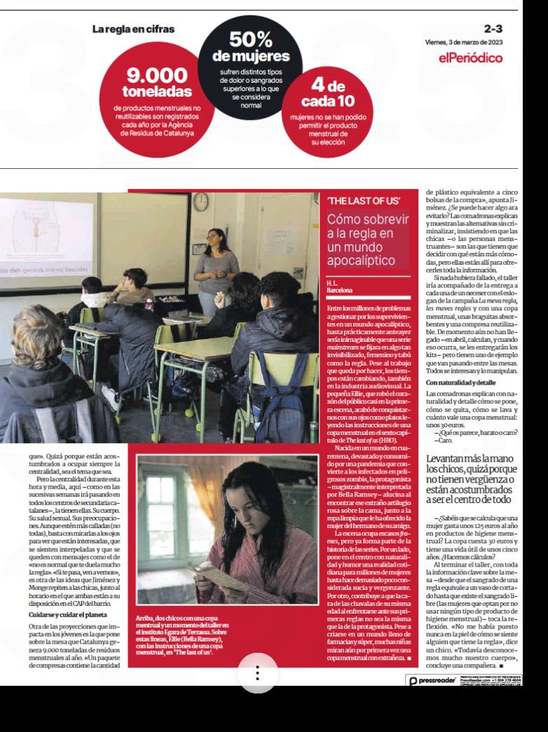 Immerses de ple en l'educació per la salut, promocionar l'autoconeixement i l'empoderament de les dones. Impartim els tallers sobre Equitat Menstrual a 3r ESO. Som #llevadores! <a href="/salutdonaMT/">Ginecologia i Obstetrícia MutuaTerrassa</a> <a href="/Llevadores/">Llevadores</a> <a href="/InfermeriaMT/">InfermeriaMT</a> <a href="/salutcat/">Salut</a> <a href="/igualtatcat/">Igualtat i Feminisme</a> <a href="/educaciocat/">Educació</a> <a href="/SomeNiceGirl/">Carme Monge</a> <a href="/elperiodico/">El Periódico</a>