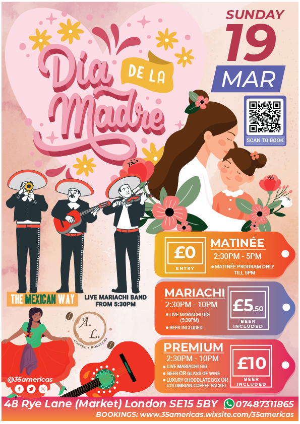 Treat your dear mamá to a Live Mariachi band serenade, delicious Pan-Latin cuisine, Luxury Chocolate box, Freshly Roasted Coffee bag & glass of something nice: buy.stripe.com/cN2dTBe9F2z982…
#latinfood #mariachi #livemusic #mexicanfood #colombianfood #peruvianfood #ecuadorian #peckham