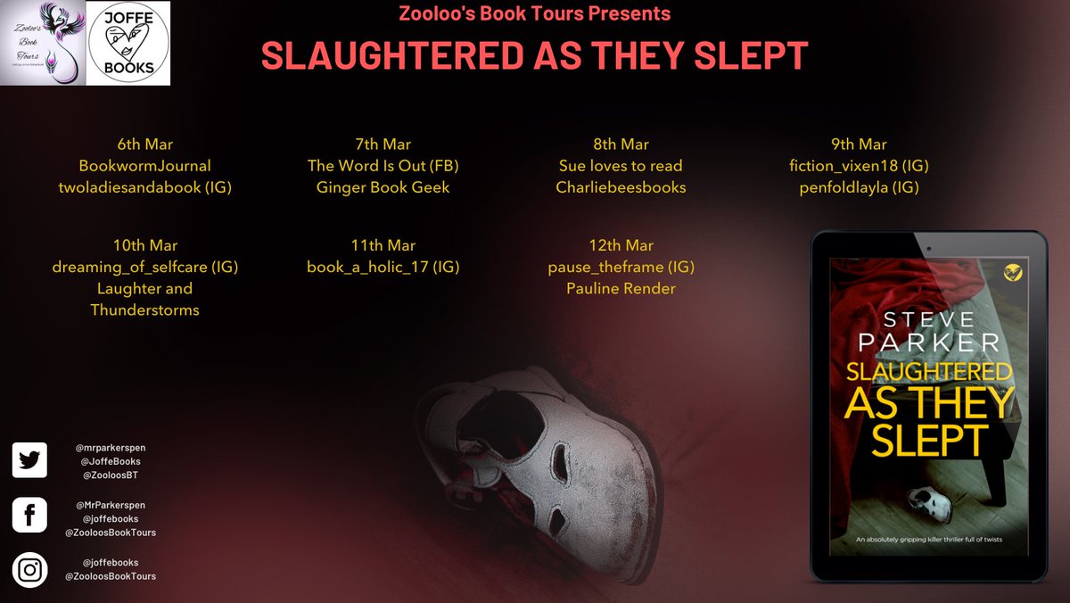 ZooloosBT's tweet photo. HUGE thanks to #PaulineRender & #pause_theframe for your posts to close the #SlaughteredAsTheySlept #booktour and to everyone who took part!
Please remember to post your reviews on Amazon and Goodreads. @kirstylock2 @skbookwormfever
@mrparkerspen @JoffeBooks
#ZooloosBookTours https://t.co/OfRUCKFhbm