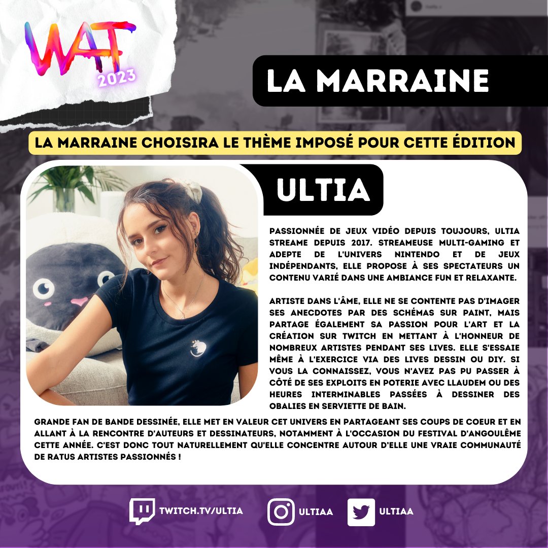 WeekAndArt's tweet photo. La troisième édition du #WAT est lancée sur @TwitchFR !
Un grand merci à notre reine ratus @ultiaa qui nous fait l'honneur d'être marraine !

Vous pouvez vous inscrire dès maintenant sur le site https://t.co/DazEtuFhIs ✨ https://t.co/or2ROsAWpk