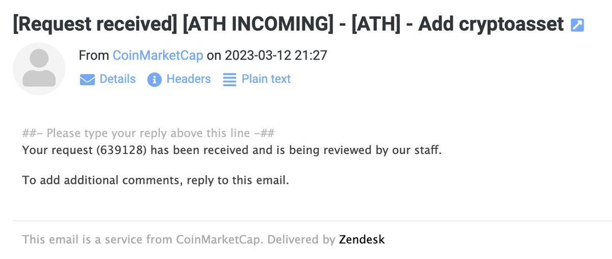 AthIncomingERC's tweet photo. We, as $ATH Token applied to CoinMarketCap successfully.

Our ticket number is (639128)

We are awaiting in excitement to be listed on CoinMarketCap

#CoinMarketCap #CMC 
@CoinMarketCap https://t.co/NSpVz3rTEX
