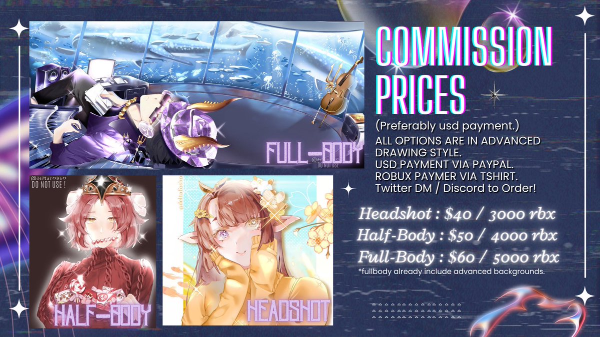 deltafosho's tweet photo. [RTS APPRECIATED 🔮🎀 ] 
Haai, my #commissions ARE OPEN again! 
COMMISSION OPTIONS BELOW 💭

🔹4 SLOTS ONLY!
🎟️Feel free to DM any questions/inquiries. 
🔹Please read the ToS and sheet carefully, provide your character when ordering. https://t.co/ZopCNuSQcU
