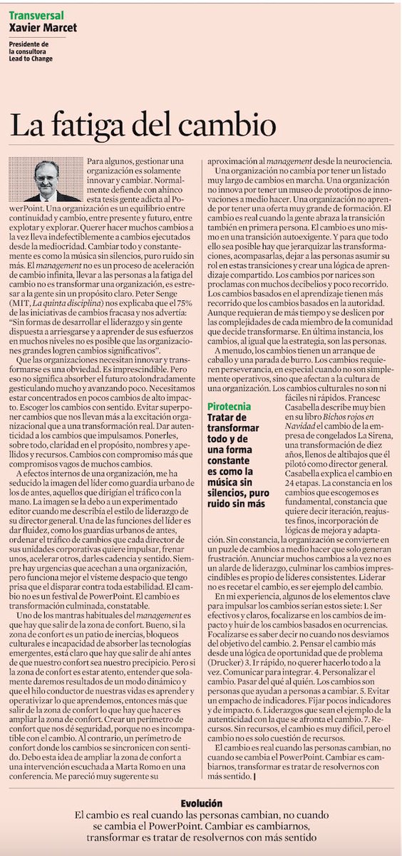BeaBernaldez's tweet photo. - La fatiga del cambio- @XavierMarcet 
“El cambio es real cuando las personas cambian…”
Las claves: 
- Ser efectivos y claros
- Ver el cambio como una oportunidad 
- Comunicar para integrar
- Personalizar el cambio
- Ser ejemplo
- Pocos indicadores y de impacto
- Recursos https://t.co/2F2qARlVN4