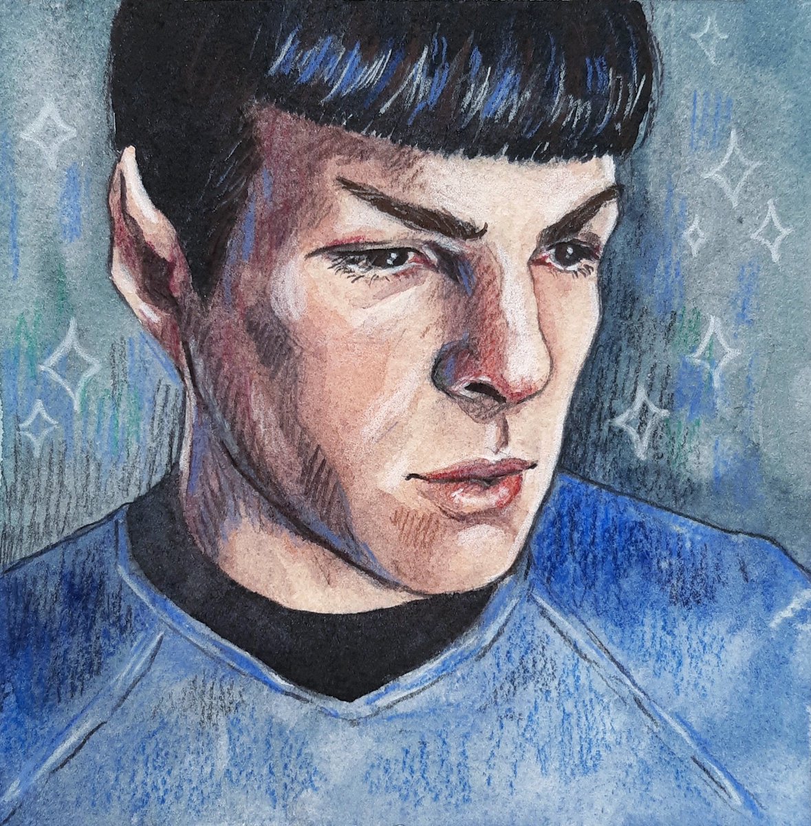 pityroadart's tweet photo. And here is the finished AOS Spock painting!
Watercolour and @FaberCastell Polychromos on cold pressed watercolour paper, 15x15cm
Despite my watercolour skills being rusty, I'm v pleased with how this turned out ✨
#startrekfanart #startrekaos https://t.co/qKAsp5aKFG
