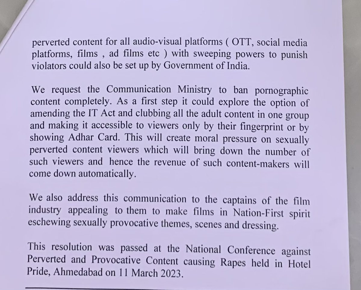 UdayMahurkar's tweet photo. As a patriotic citizen of Bharat do you want a stop to sexually perverted content on OTT, social media platforms, films &amp; pornography which is the main cause of rapes &amp; cultural degradation ? If yes, then do read this resolution passed at national conference against evil content. https://t.co/v1EfwV7CXZ