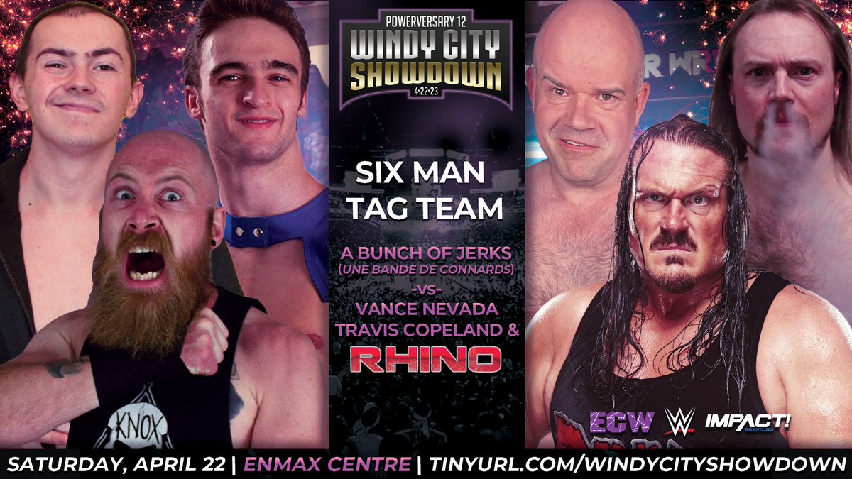 PPWOfficial's tweet photo. @JumpinJerk, @ButImTylerKnox and @nakachepower have disrespected Vance Nevada and Travis Copelend. But, they've called in the big guns! 

The Jerks will have to contend with @Rhyno313 April 22!

Tickets available at the @enmaxcentre box office and https://t.co/M0IIZo6Lmg. https://t.co/KMW2UXSiZI