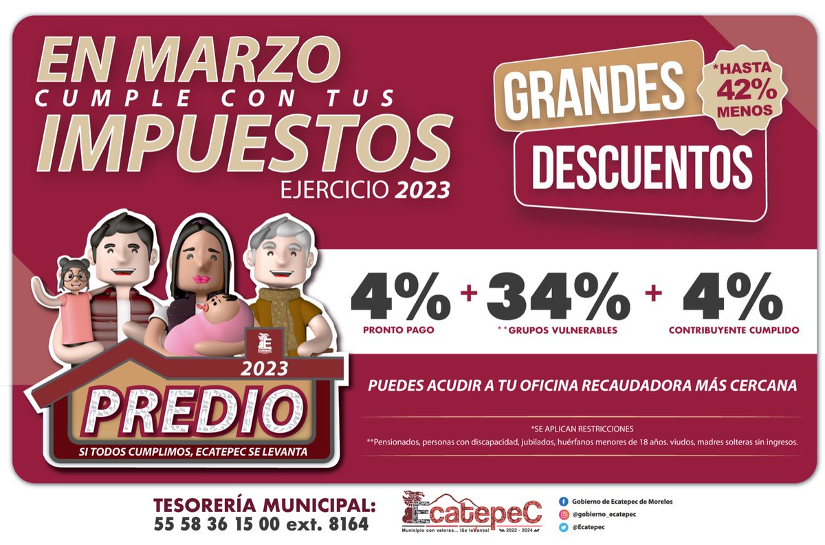 FerVilchisMx's tweet photo. #Responsables | Vecinos, aprovechen los 💲descuentos en el pago del impuesto #Predial2023. Nuestro #MunicipioConValores necesita de nuestro 👍esfuerzo y cumplimiento.
La @TesoreriaEca los espera en su oficina recaudadora más cercana. 🤝
#EcatepecSeLevanta https://t.co/R8jEPoAv87