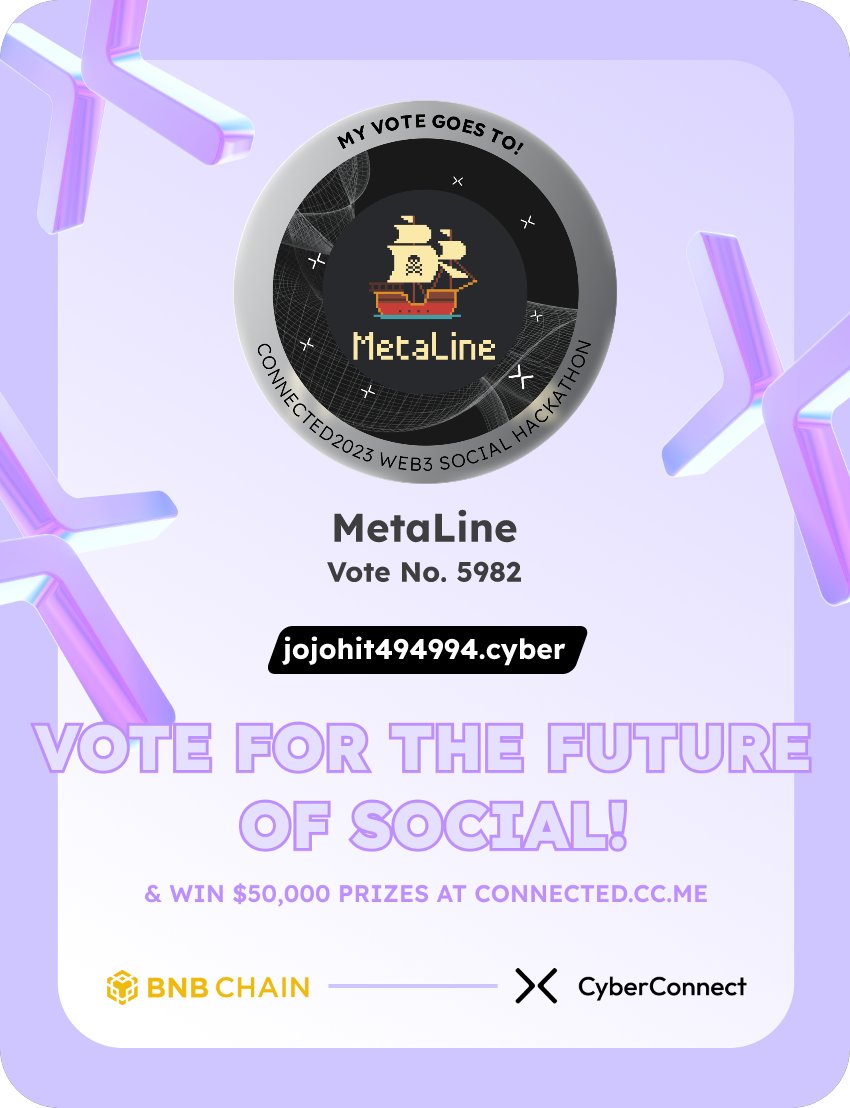 KatSala03547273's tweet photo. Just voted for my favorite project MetaLine in #Connected2023, a Web3 Social hackathon by @CyberConnectHQ the social graph protocol &amp; @BNBCHAIN
Join me to vote for a better social and win $50,000-$100,000 prizes!
https://t.co/dUuywFajtd
sig:4kXvCR 
  https://t.co/saOFvysvt3 https://t.co/NUZPQa5P0g