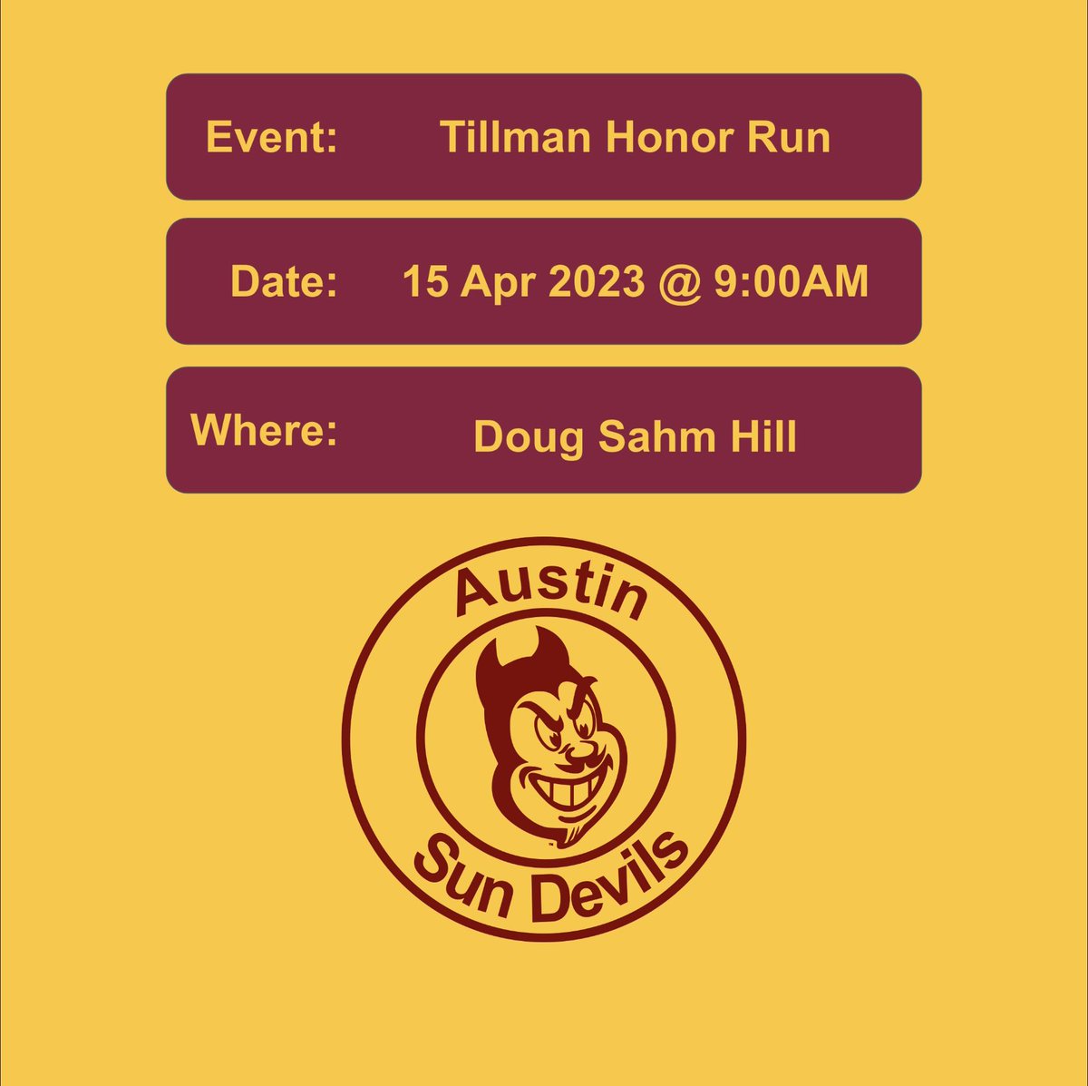 AustinSunDevils's tweet photo. Tillman Honor run in Austin on April 15th. Register by March 20th to get your shirt delivered prior to the run. Register here: https://t.co/AuVQ0wHYVs https://t.co/GrI9bfRu9o