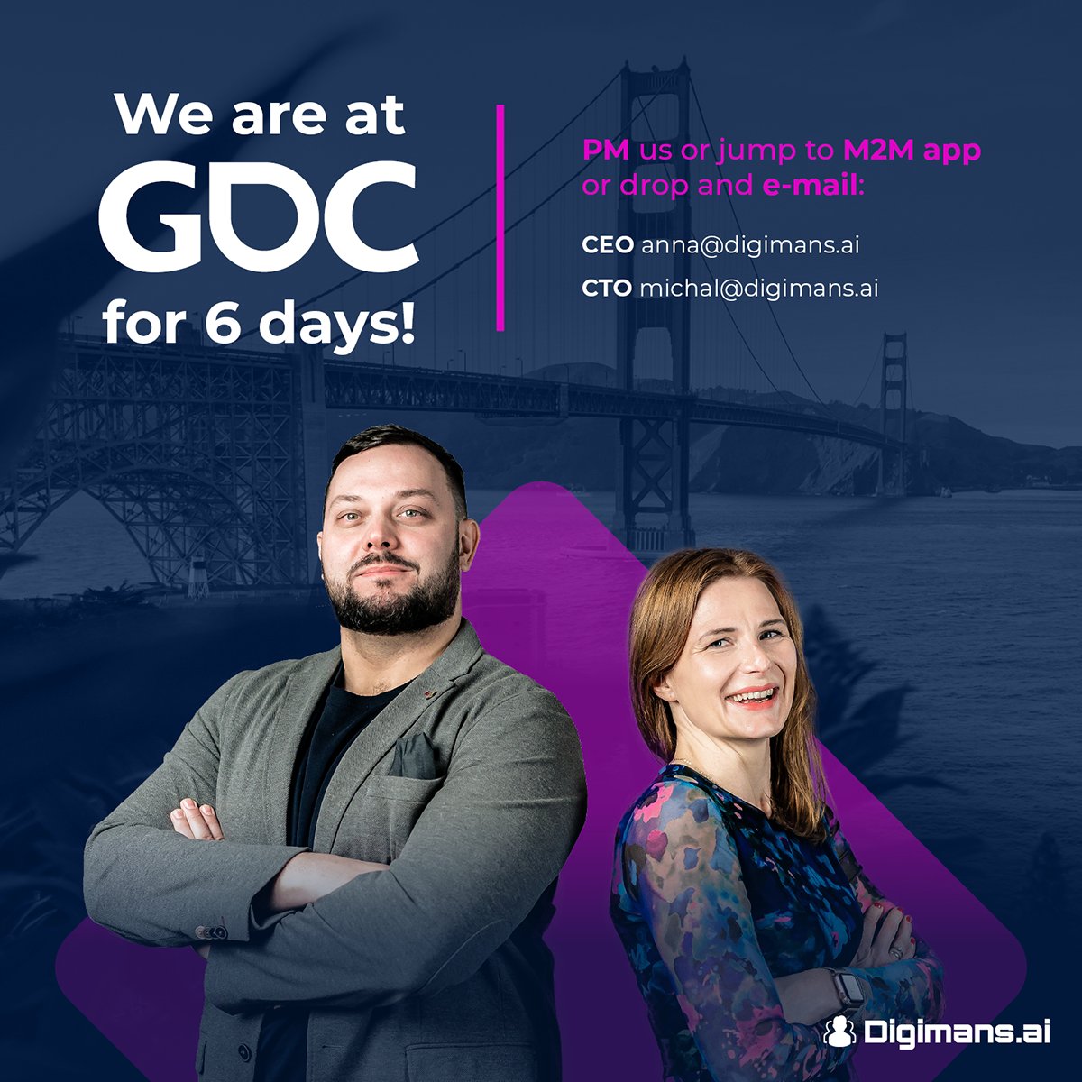 AiDigimans's tweet photo. Our CEO @An_Korc  and CTO @jamrymichal are heading to #GDC23 in #SanFrancisco. Let's talk about your crowds, npc and enemies and how we can help generate them automatically at scale. https://t.co/HCF5SkN6rV