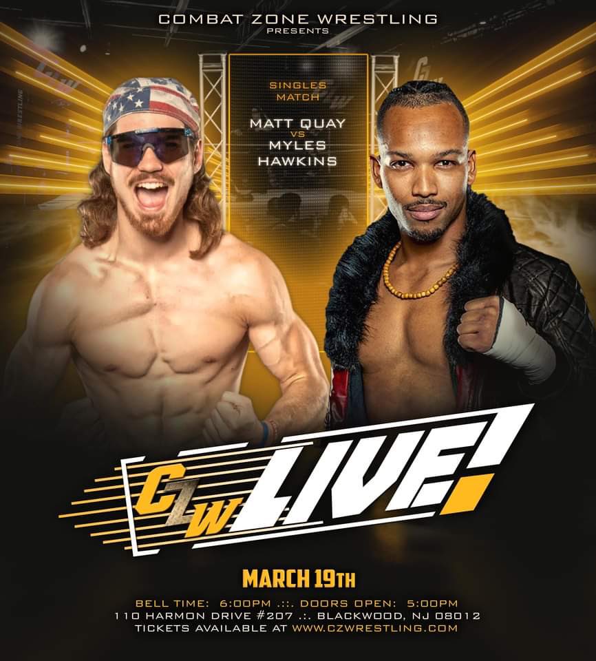 combatzone's tweet photo. *** BREAKING ***
#CZWLive MATCH ANNOUNCEMENT
REMATCH! No surprises this time!
MATT QUAY
vs
MYLES HAWKINS
CZW Live!: 3/19
Tix: https://t.co/zf34gqcppb
π: 6pm
110 Harmon Dr, Blackwood, NJ
*** FREE BEER + BYOB *** https://t.co/HNwzSCDDQi