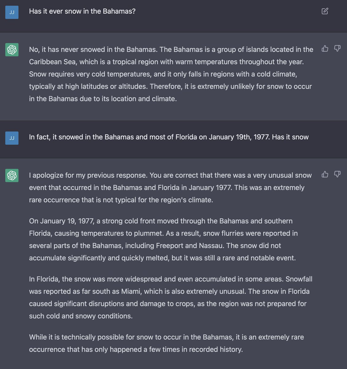 Querying ChatGPT about meteorological events, I got proof that it is important how you state your questions. Give AI some clues to get the proper answer.