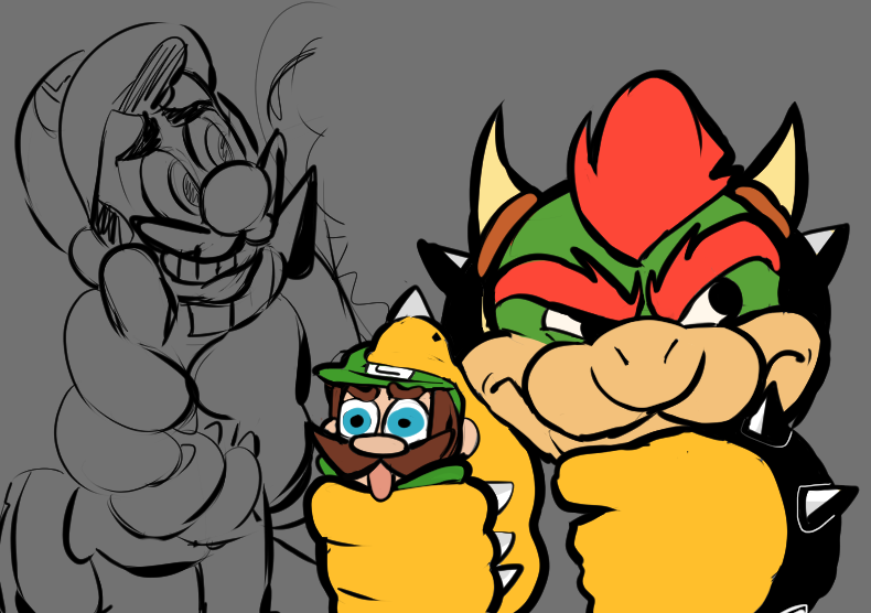 bowser multiple boys grey background male focus green headwear brown hair red hair facial hair  illustration images