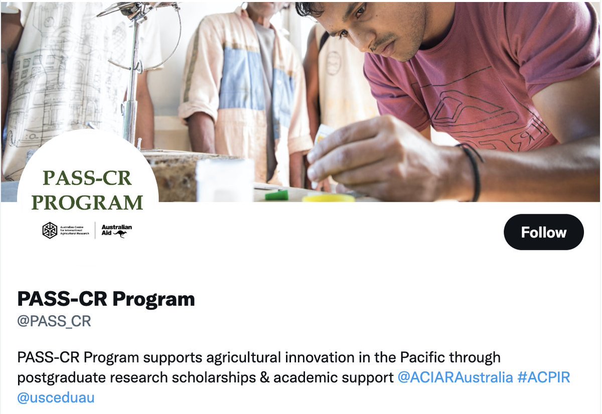 Through the @ACIARAustralia PASS-CR program, we are proud to work with scholars and academics (in Australia and the Pacific) to:   

- support the future of #PacificAgriculture.  
- to develop a new generation of Pacific agricultural researchers.
