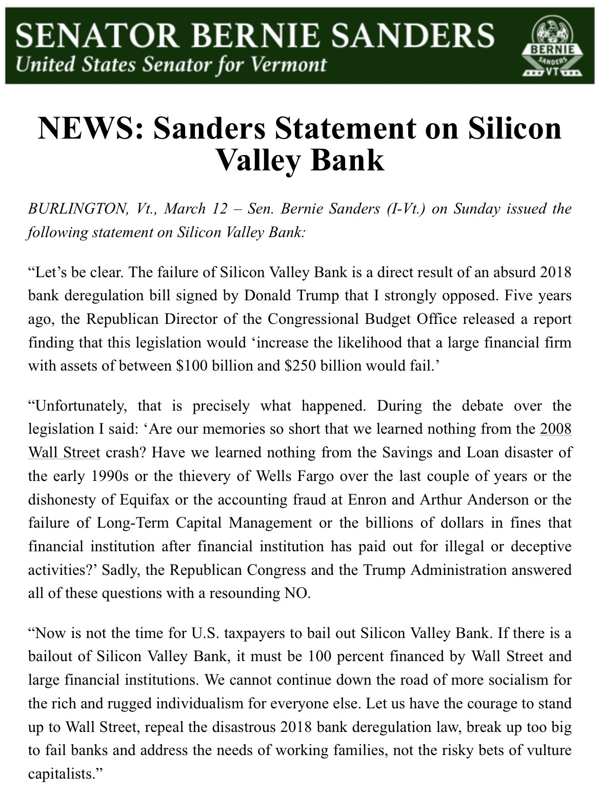Bernie Sanders on Twitter "My statement on Silicon Valley Bank. https