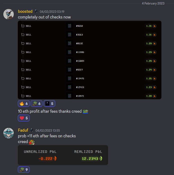 nevbot_bb's tweet photo. 2/🧵@layne__NFT called checks at .25! This resulted in some members getting 10+Ξ profit. https://t.co/H8SDwnUhR7