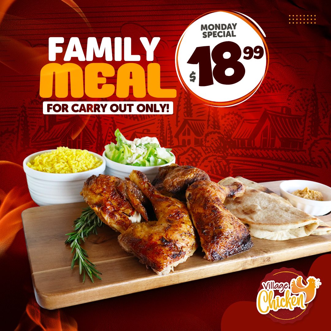 VillageChicken_'s tweet photo. We know nobody wants to cook on a Monday. Let us take care of it! Don’t miss our Monday Special Family Meal deal. 😋🐓🎉 https://t.co/VWSxQmLb2y