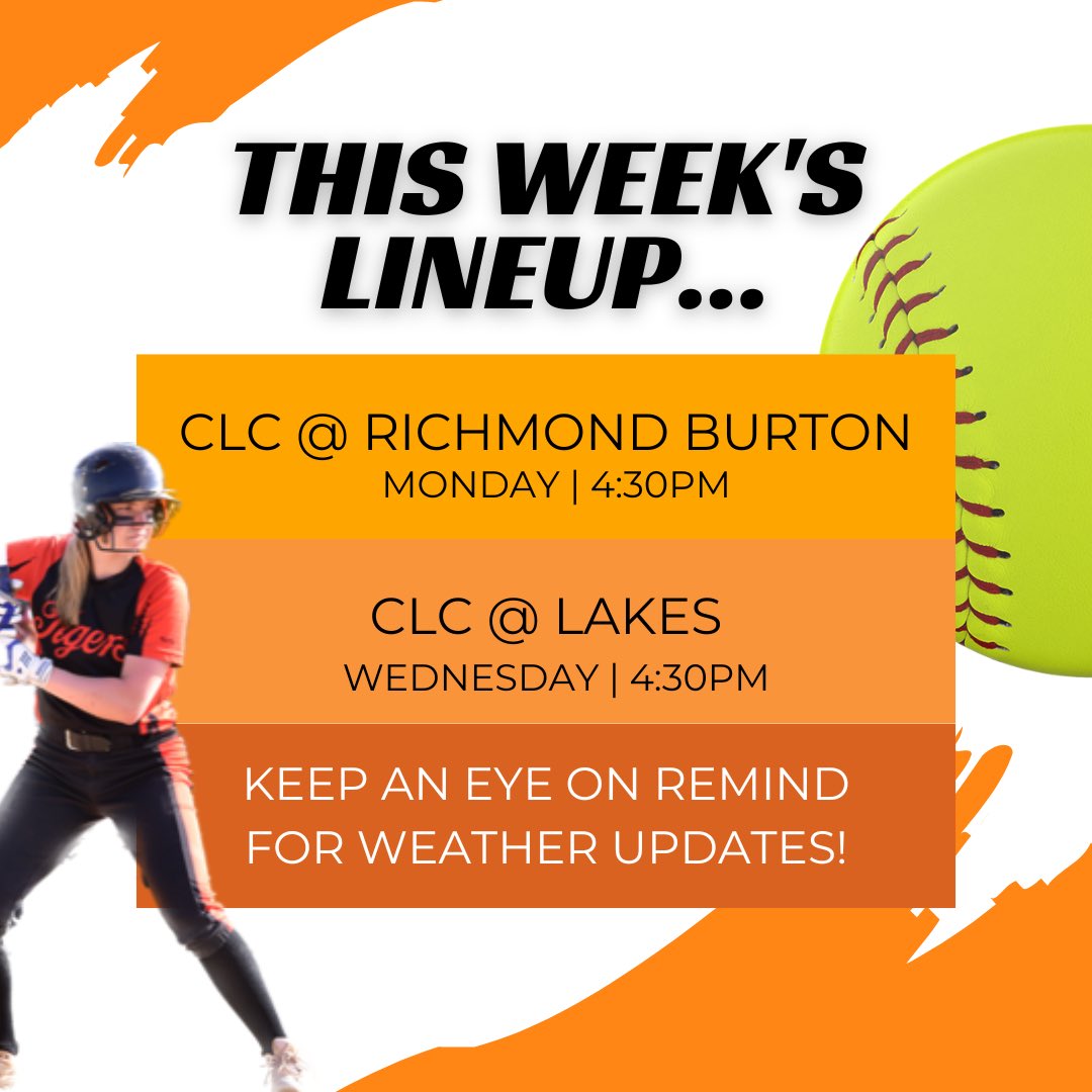 Tigers in action this week! (Friendly reminder there is still snow on the ground, so keep an eye on Remind for game updates) #CLCSB #WERCLC #springsports #anythingcanhappen
