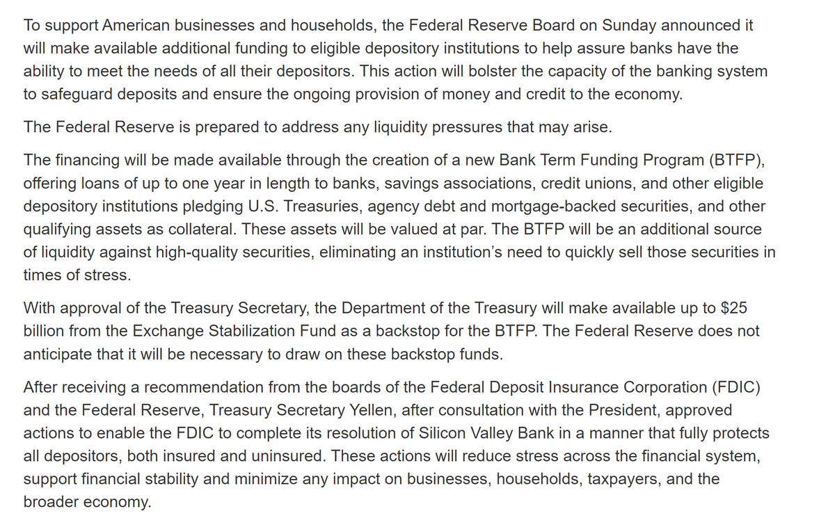 This is how the Fed intends to backstop other liquidity issues: a new facility called Bank Funding Term Program The idea is to provide banks with an alternative to liquidate their bond holdings when in need of raising liquidity to meet deposit outflows Two important points: 3/