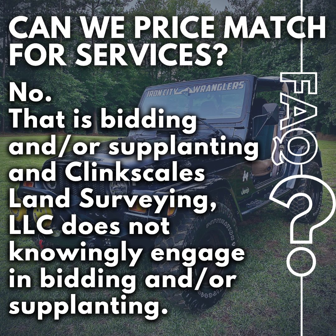 Can we price match for services? Find out here...

#ChelseaAL #CaleraAL #BrookHighland #HighlandLakes
#HooverAL #ShoalCreek #BirminghamAL #Alabama #GreystoneAL #PelhamAL
#ShelbyCountyAL #LandSurveying