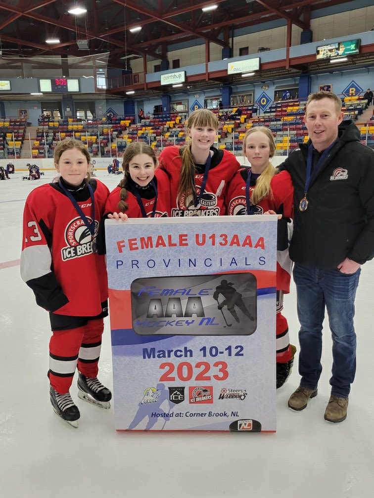 A big congratulations to these Hawks who won the U13 AAA Provincial title today in Corner Brook. Up next is Nova Scotia for Atlantics!!! WTG Lily, Natalie, Hayden, Paityn &amp; Coach Darryl! We are so very proud 🥰🥅🏒