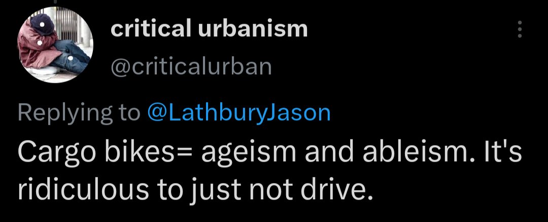 criticalurban's tweet photo. All I said to this person is that cargo bikes are ableist and ageist and was blocked. I suppose riding cargo bikes sucks so bad that not even an urbanist will do it without the high level of validation they can only get from the urbanist echo chamber. https://t.co/HXxuWyFBUG