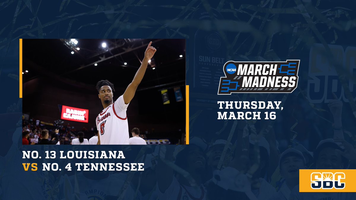 SunBelt's tweet photo. 𝗕𝗜𝗚 𝗗𝗔𝗡𝗖𝗘 𝗕𝗢𝗨𝗡𝗗.

@RaginCajunsMBB will represent #SunBeltMBB in the NCAA Tournament.  ☀️ 🏀

The Ragin' Cajuns are the No. 13 seed in the East Region and face No. 4 Tennessee on Thursday in Orlando. https://t.co/VahVQIikYa