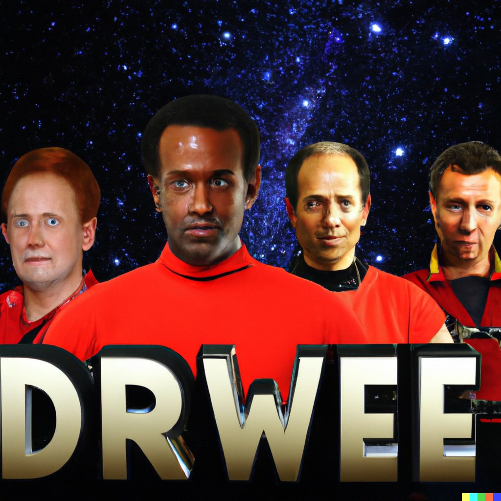 GazpachoSoupRD's tweet photo. When we asked an AI image generator to show us results for Red Dwarf a few months ago, who new it would be this prescient. #RDPEE https://t.co/g5PXkNGJ1d