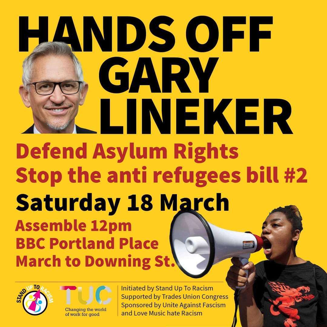 SheffieldSUTR's tweet photo. Let's make the #ResistRacism demo on Saturday massive! Not bought your coach ticket from #SHEFFIELD or #Barnsley yet? Book at: https://t.co/aoTlADNj4V
#linekerisright #Lineker @AntiRacismDay @The_TUC @council_trades @SheffieldC4C https://t.co/AXYQ4w4x5e