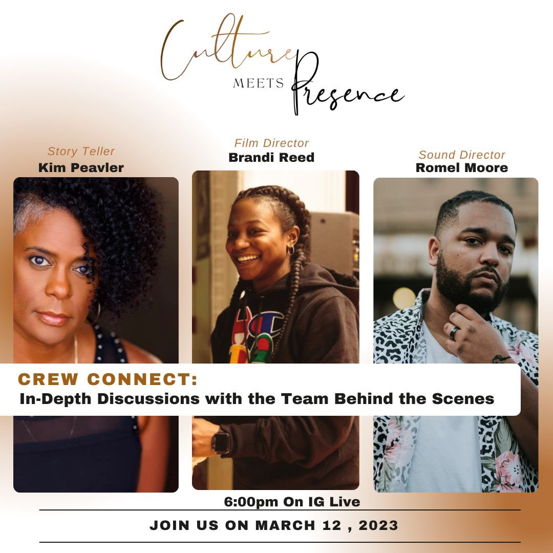 We are going live on IG today at 6pm to have a discussion about the documentary Culture Meets Presence

With creator and storyteller Kim Peavler

Director Brandi Reed owner of <a href="/lakeshorehy/">LAKESHOREHY®</a> 

Sound Director Romel Moore <a href="/Plainro/">Bro</a> owner of <a href="/featureforms/">Feature Form Studios</a> 

Make sure y’all tune in
