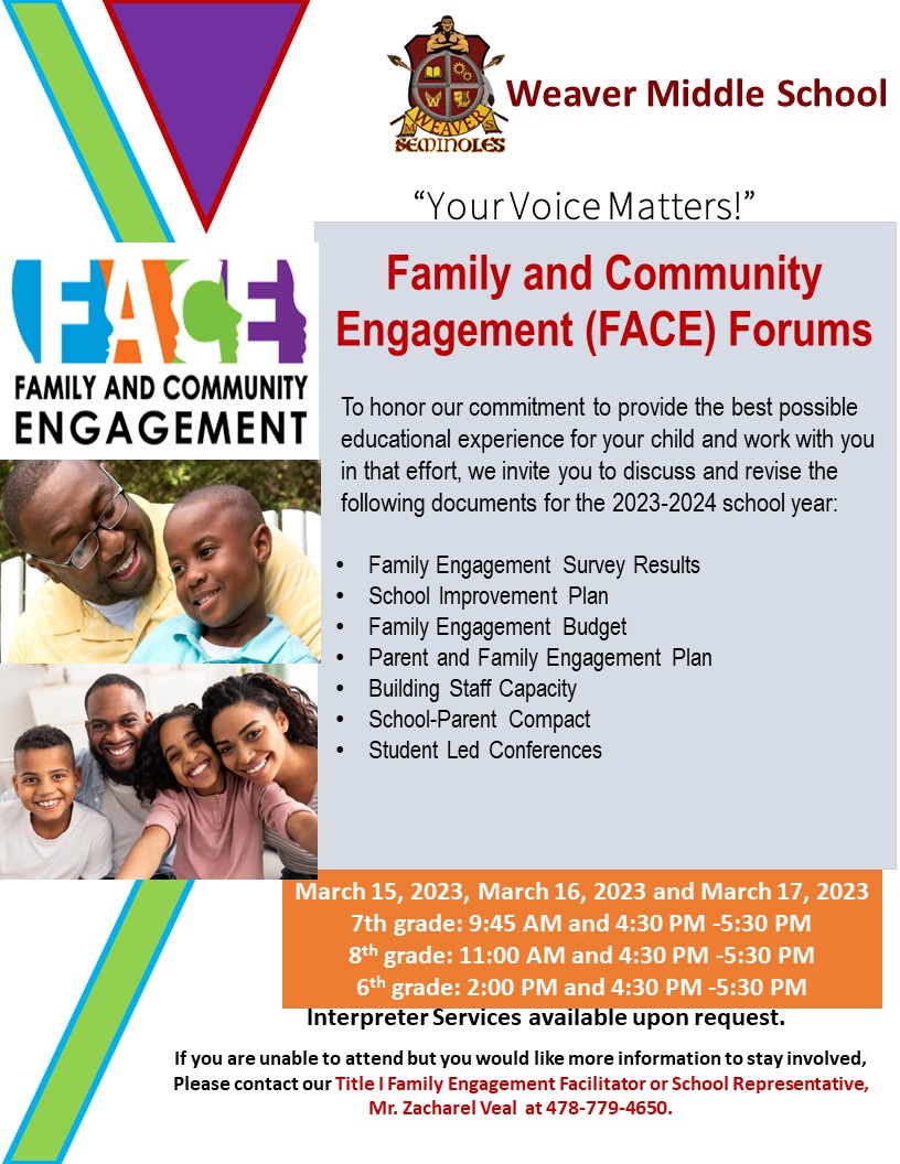 WeaverMiddle's tweet photo. Weaver Seminole Parents,

This week we will have our FACE Forum for Parents and Student Led Conferences. Please see flyer below for more information.
#Built4Bibb #WeaverStrong @BibbSchools https://t.co/XvUIWuLots