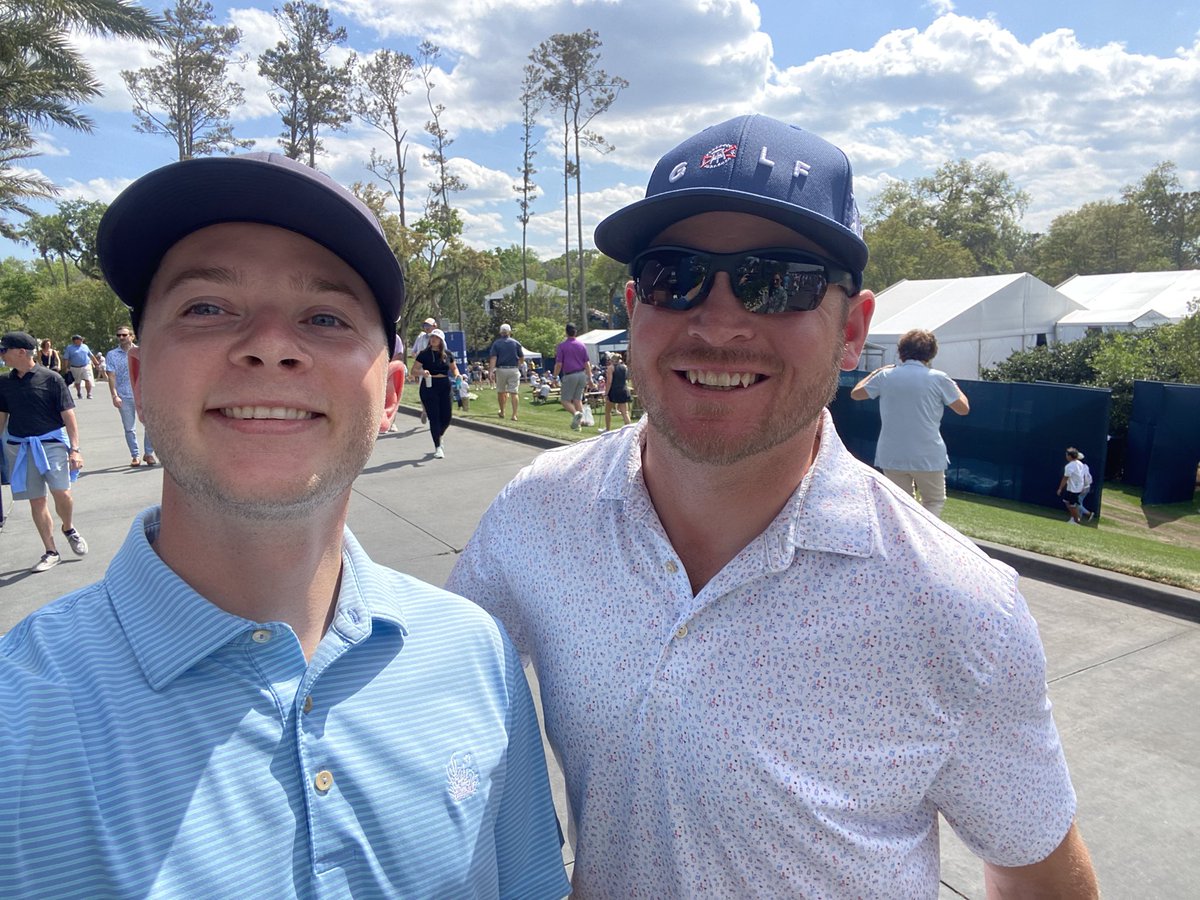 cody_cox4's tweet photo. Shout out to @RiggsBarstool for the picture today. Went out of his way for this and it couldn’t be more appreciated!!  It was an honor meeting someone who made it on 17 green. S/O to @brooketiffee1 for chasing him down 😂 https://t.co/mR2ilr9iFO