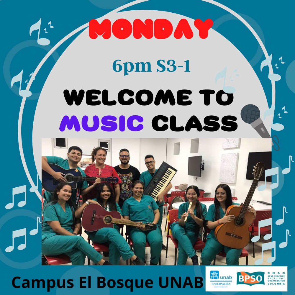 Estimados seguidores , continuamos con el proyecto Música y Salud
En la formación en ciencias de la salud de la Universidad Autónoma de Bucaramanga, los estudiantes tienen acceso libre al Curso de Iniciación Musical 
Enf Jeam Z. Moreno Arias
Lic Música Manuel Moreno Arias