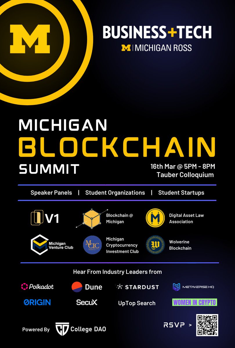 The #Michigan Blokchchain Summit is the first of its kind. 

- 8 Diverse and innovative #web3 companies 📈
- 6 Rapidly expanding #blockchain, #Entrepreneurship  and #VentureCapital  communities 
- over 130 <a href="/UMich/">University of Michigan</a> students 👩‍🎓

all under one roof 😎

Tap in for more info 👇