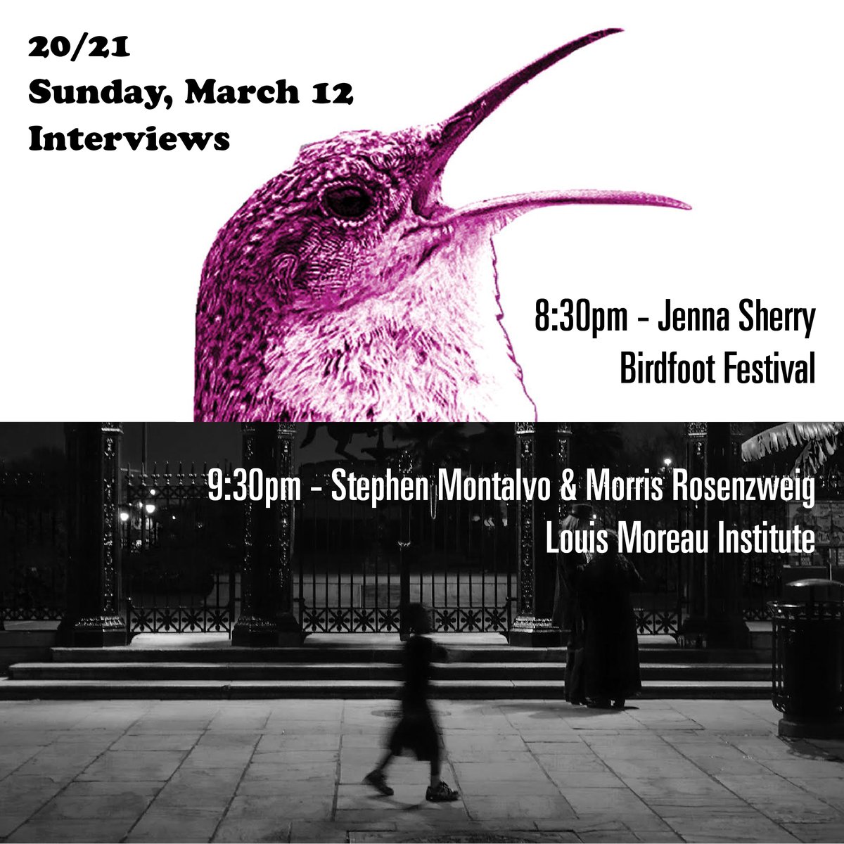 Two interviews tonight! At 8:30pm, Jenna Sherry of <a href="/BirdfootFest/">Birdfoot Festival</a> will discuss their 11th season, currently underway. At 9:30pm, Stephen Montalvo &amp; Morris Rosenzweig of @LouisInstitute stop by. Their 9th season kicks off this week.

8pm–12am CDT 91.5 FM / wtul.fm