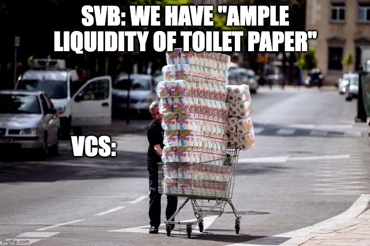 MisaChien's tweet photo. SVB has “ample liquidity” except for the scenario where “everyone is telling each other SVB is in trouble.”

The CEO, Greg Becker, told investors that last Thursday.

That statement is like telling people right as COVID hit that there was “ample toilet paper”.
#svb #bankrun https://t.co/BC56McaHvN