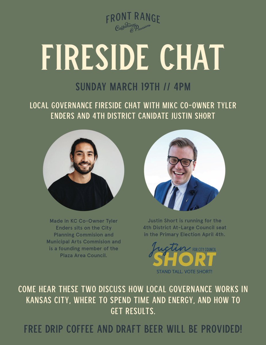 Join us on Sunday at Front Range Coffeehouse and Provisions 400 E Gregory Blvd. We are going to talk about local governance, processes, engagement, and municipal operations. #kc #kcmo #kansascity