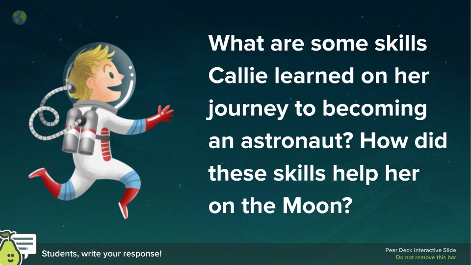 This lesson from <a href="/NASA/">NASA</a>stem + #PearDeck tells a story of the first woman to explore the Moon. 🌖

While the main character Callie is fictional, the first woman &amp; first person of color will soon set foot on the Moon during @NASA’s Artemis missions! 💫

🚀 bit.ly/3Jaqt9T