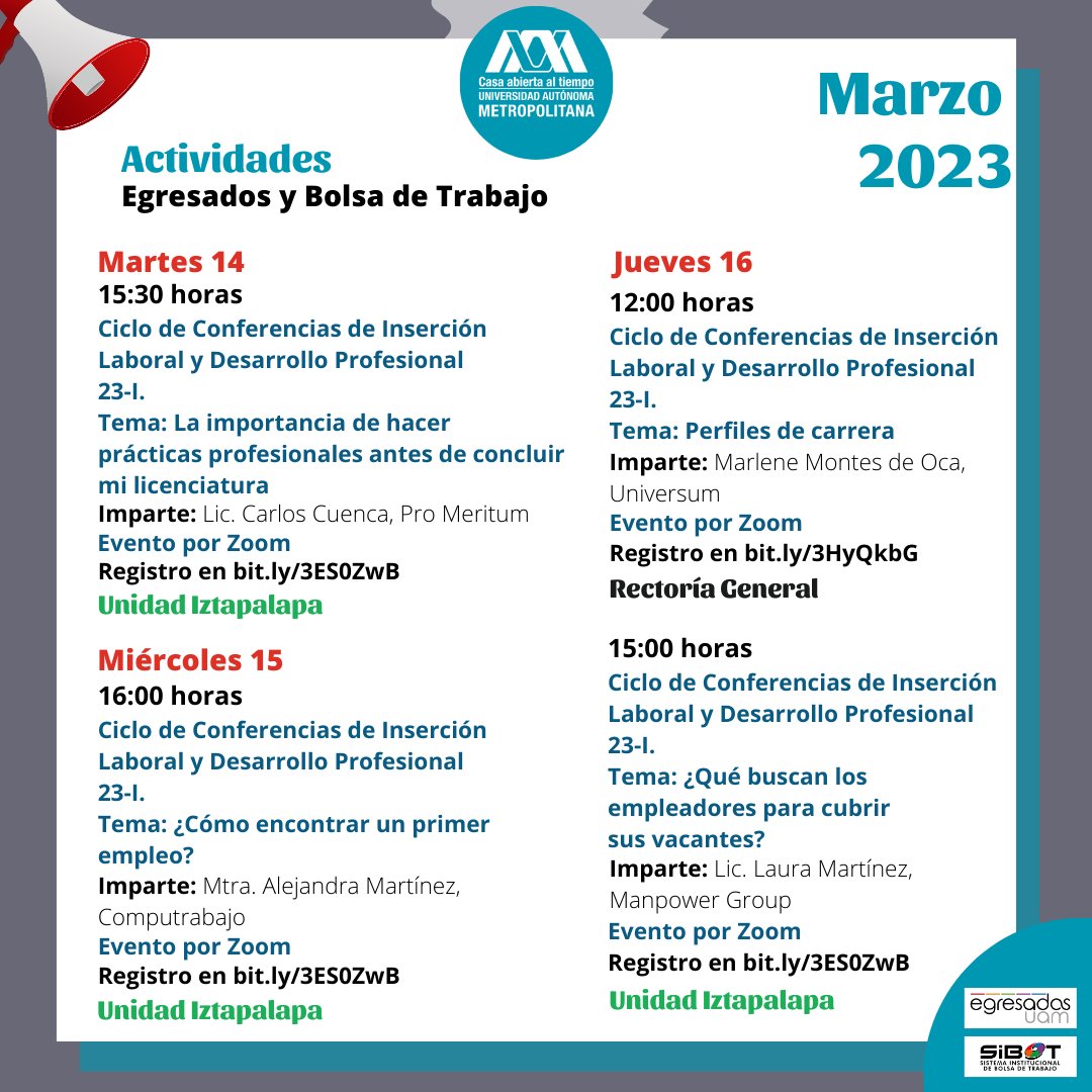 lauammx's tweet photo. 📣 #Entérate de las actividades del área de Egresados y Bolsa de Trabajo UAM de MARZO
.
🗓Martes 14, 15:30 horas, Ciclo de conferencias: https://t.co/X1VyyxysVV
📍Unidad Iztapalapa
.
¡Participa y regístrate!
.
#SoyUAM #UAM
#MujeresUAM #8MUAM https://t.co/OpZRSxbfZe