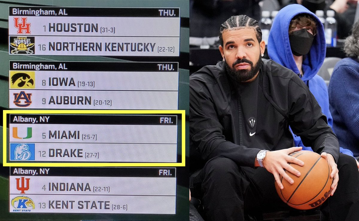 PlanetTimO's tweet photo. #Drake will have a tough time taking on the whole Miami team by himself.
Hurricanes heavily favored.
#NCAATournament #BigDance #Bracketology https://t.co/LBKjPizy4t