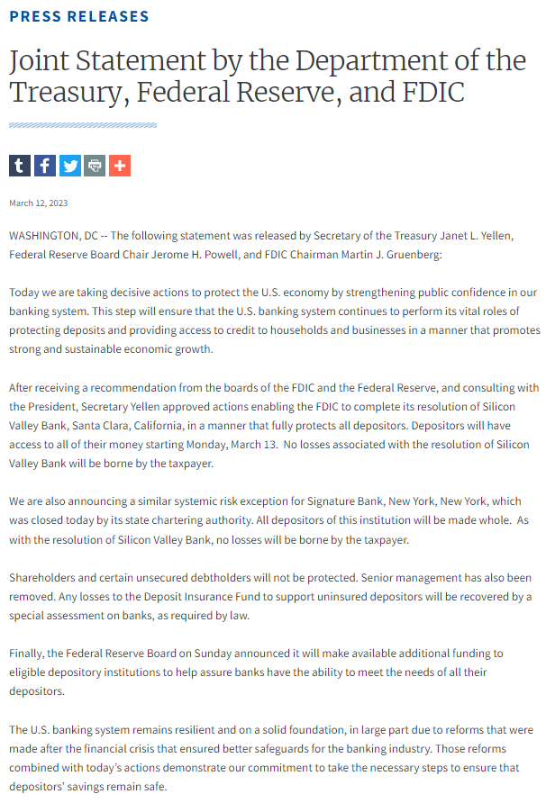 BCBacker's tweet photo. Press release from U.S. Treasury in conjunction with Federal Reserve, taking actions to protect U.S. economy by strengthening public confidence in banking system.

All Silicon Valley Bank depositors will have access to all of their money on Monday.

https://t.co/gRju0ZipSu https://t.co/3YW4lxN0iT