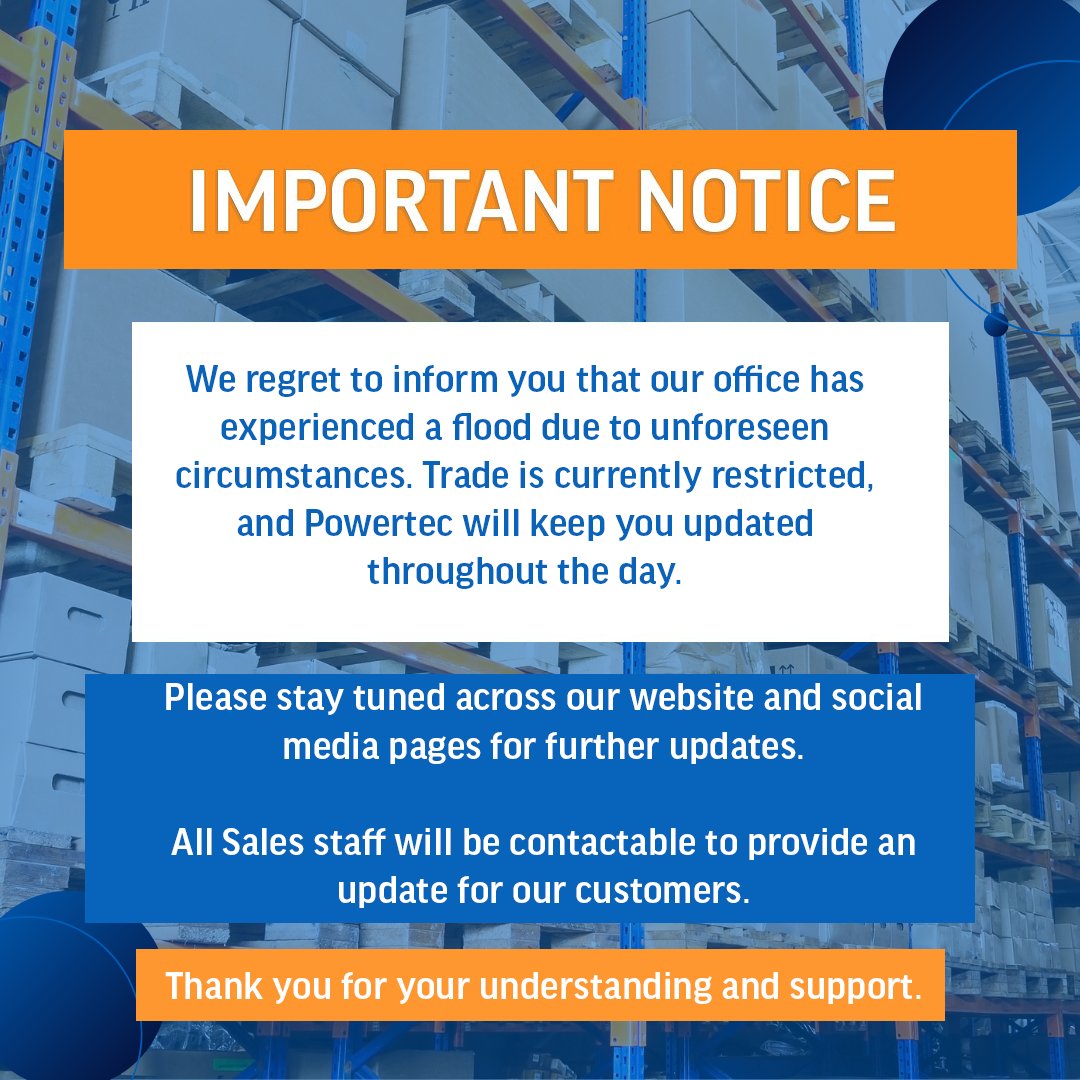 powertectelecom's tweet photo. We regret to inform you that our office has experienced a flood due to unforeseen circumstances. Trade is currently restricted, and Powertec will keep you updated throughout the day.  
All Sales staff will be contactable to provide an update for our customers. https://t.co/SjXhH4zTH3